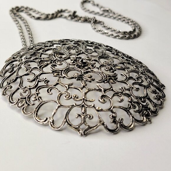 Vintage Antique Silver Statement Pendant Filigree Round Pendany - Picture 3 of 12